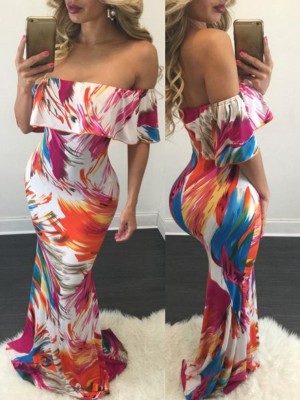 Fashion Summer Print Women's Off Shoulder Maxi Dress Casual  Long Dress
