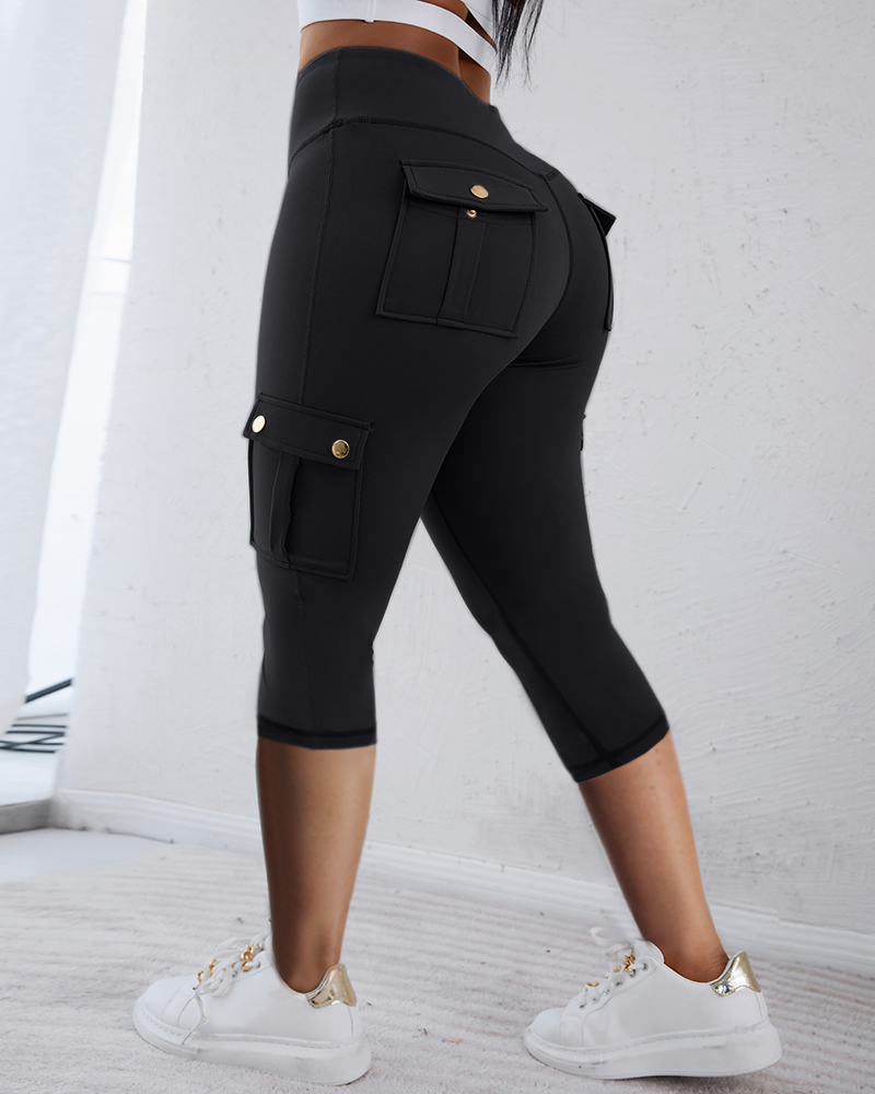 Butt Lifting Biker Capris Leggings High Waist Flap Pockets Workout Capris Gym Pants