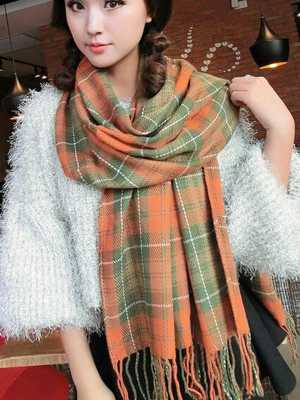 Korean Autumn Winter Ultralong Wool Spinning Orange Grid Scarf Unisex Warm Scarves Shawl