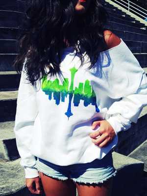 Women's New Fashion Hot Sale Sexy Long Sleeve Tower Reflected Print One Shoulder T-shirt Sweatshirt Top