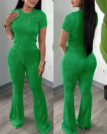 2 Pieces Outfit Round Neck Short Sleeve Top and Elastic Waist Flared Pants Set Slim Fit Textured Set (Multiple Colors Available)