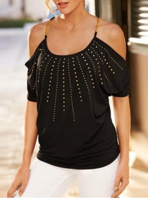Women's Fashion Solid Color Sexy U Neck Loose Top T-shirt Off-shoulder Tees Black T-shirt with Rhinestone