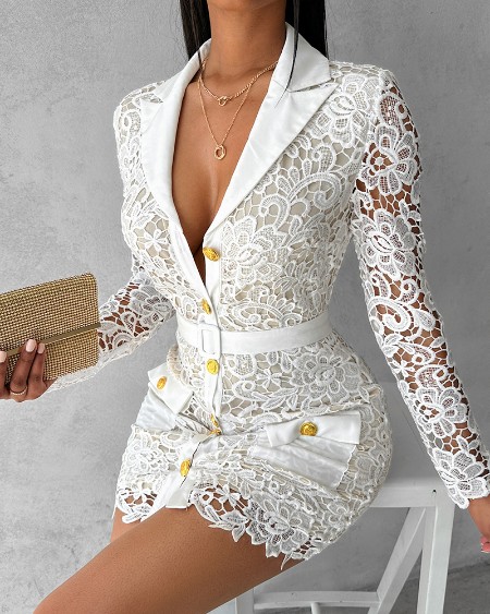 Pocket Design Buttoned Lace Dress