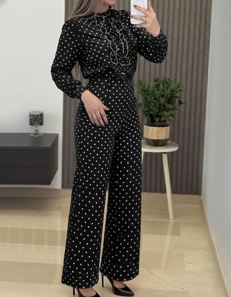 2 Pieces Outfit Stand Collar Button Front Ruffles Spliced Top and High Waist Straight Leg Pants Set Casual Polka Dot Print Commuting Set