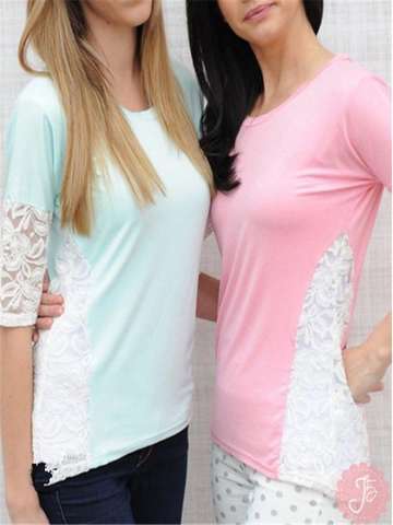 Fall Fashion Women's Half Sleeve Lace Stitching Casual Tops Crew Neck Loose T-shirt