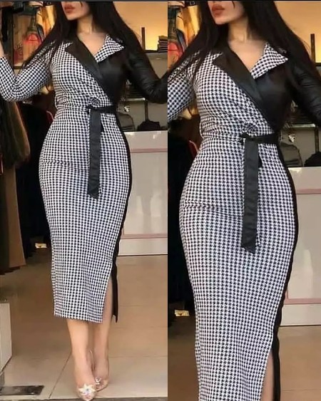 Houndstooth Print Knot Belted Skinny Dress