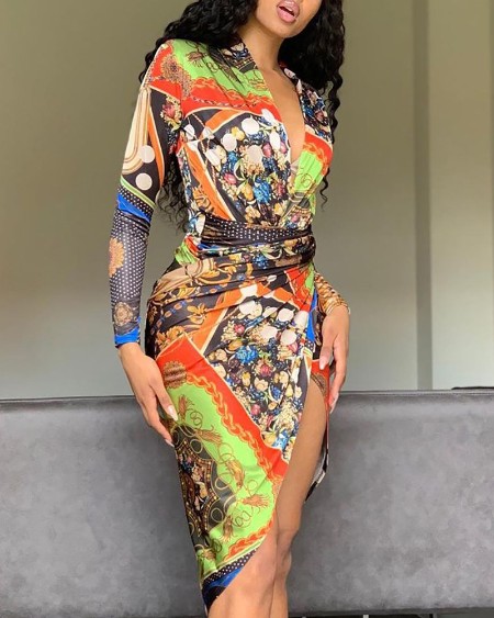 Asymmetrical High Slit Ruched Scarf Baroque Print Dress