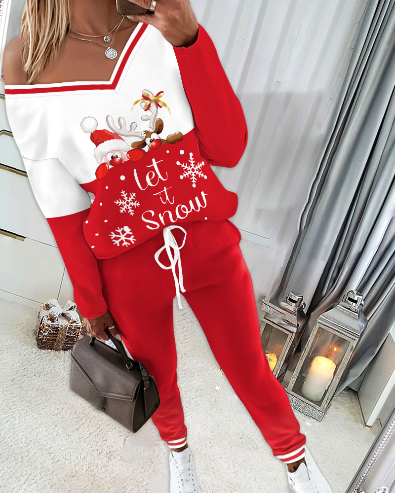 2 Pieces Outfit Cartoon Santa Claus Reindeer Let it Snow Print V-Neck Drop Shoulder Top and Drawstring Stretchy Waist Pants Set Casual Christmas Colorblock Set