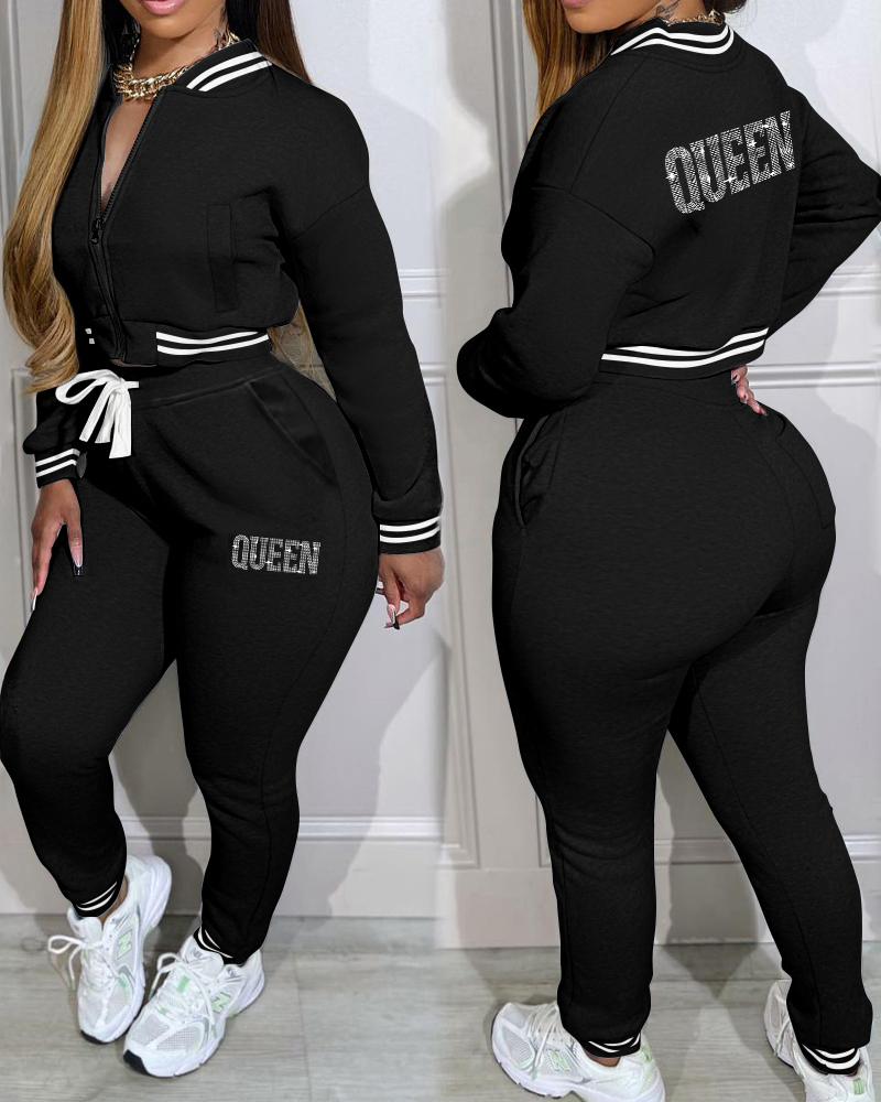 2 Pieces Outfit Rhinestone Letter Queen Contrast Striped Zip Up Crop Baseball Coat and Casual Drawstring Elastic Waist Tapered Pants Set