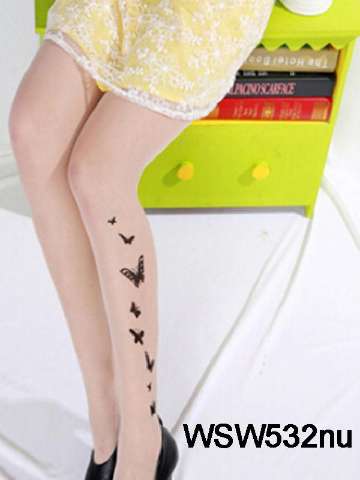 Sexy Slim Flocking Stylish Tattoo Butterfly Lovebirds Paper Plane Flowers Print Mesh Sheer Stockings Pantyhose