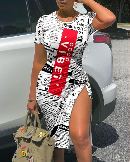 Letter Print Short Sleeve Drawstring Ruched Slit Skinny Dress