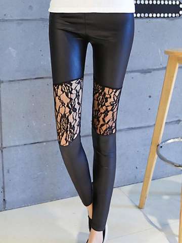 Autumn Fashion Sexy Hollow Lace Leather Clubwear Elasticity Slim Fit Pencil Pants Trousers Leggings