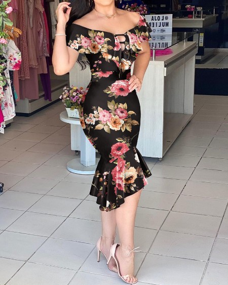 Floral Print Ruffles Cutout Asymmetrical Party Dress