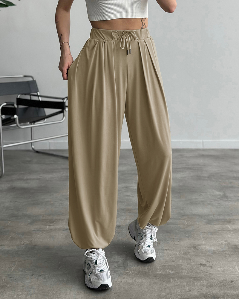High Waist Drawstring Elastic Waist Asymmetrical Hem Trousers Casual Pleated Loose Fit Pants