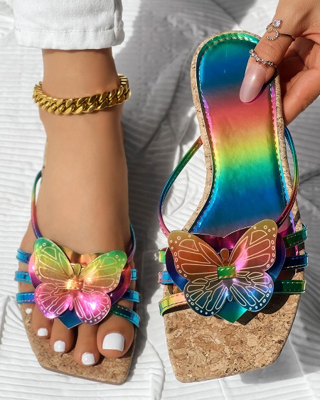 Butterfly Pattern Rainbow Ombre Slippers