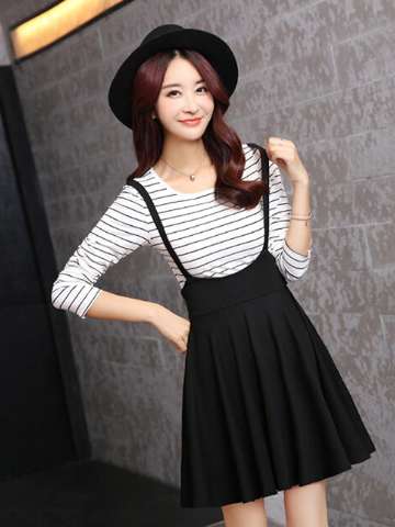Student Suspender Skirt Fashion Casual Suit Sets 2 Pieces Strip Knitted Shirt+ Strap Dress