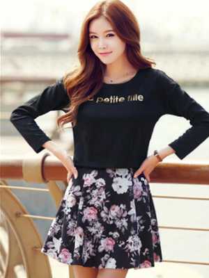 Women's Winter Warm Fashion Elegant Slim Suit Sets 2 Pieces Top Blouse+Floral Skirt