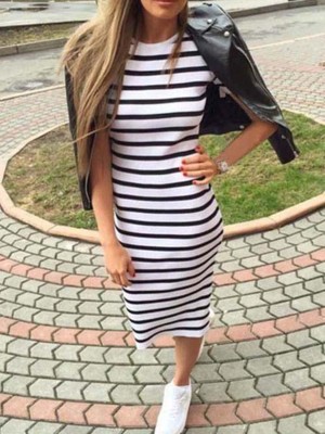 Sexy Women's Fashion Strip Round Neck Hip Package  Bodycon Dress NightClub Dress