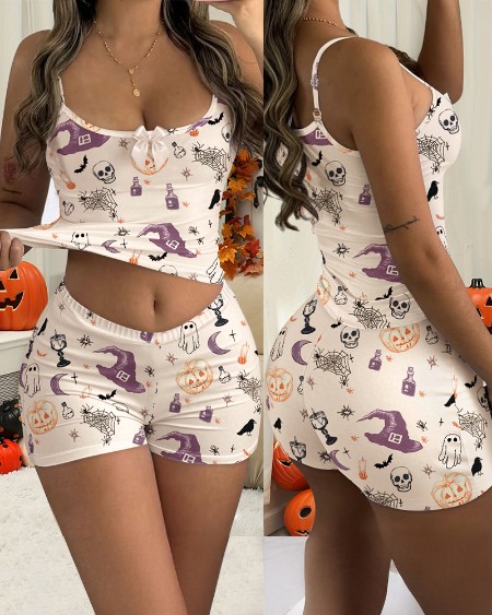 2 Pieces Outfit Bowknot Decor Graphic Print U-Neck Adjustable Spaghetti Straps Cami Top and Elastic Waist Shorts Set Casual Pajamas Set