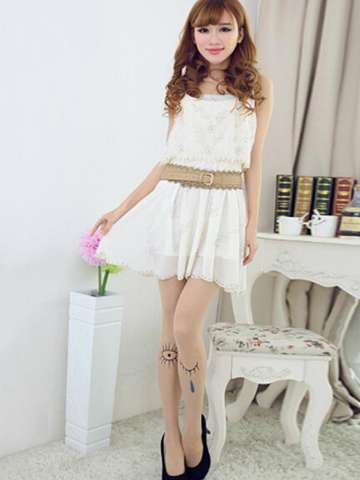 Sexy Slim Floral Printed Ankle Eyes Tears Fake  Tattoo Cored Wire Stockings Pantyhose