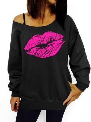 Women's New Fashion Hot Sale Sexy Long Sleeve Big Red Lip Pattern One Shoulder T-shirt Sweatshirt Top