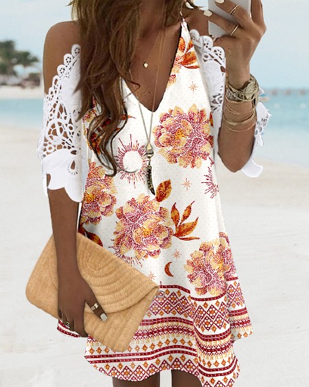 Floral Print Cold Shoulder Deep V Crochet Lace Mini Dress Casual Dress