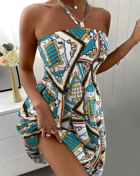 Scarf Print Shirred Halter Dress