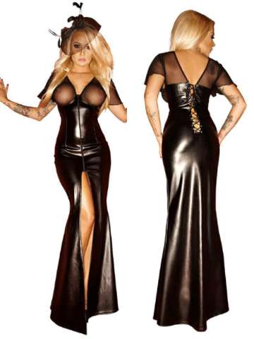 Womens' Sexy Backless Slim Pu Lace Sleeveless Clubwear Lingerie Dress