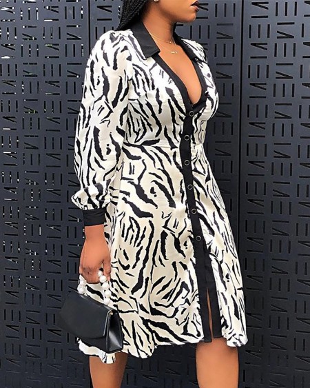 Zebra Stripe Print Buttoned Shirt Dress