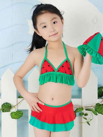 Kid Girls Cute Fashion Tassel Strappy Polka Dot Mini Skirt Type Three-piece Swimsuit