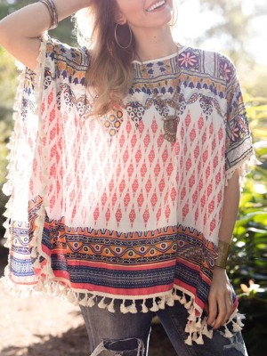 Women' s Fashion Short Bat Sleeves floral print Kimono Coverup Girls Loose Fringe Summer Outfits