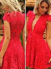 Women's Sexy Red Lace High Waist V-nec Sweat  Casual Slim Dress