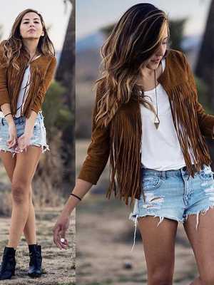 Women Collarless Brown Faux Suede Fringe Tassel Slim Coat Celeb Boho Cardigan Jacket Gypsy Vintage Outfit