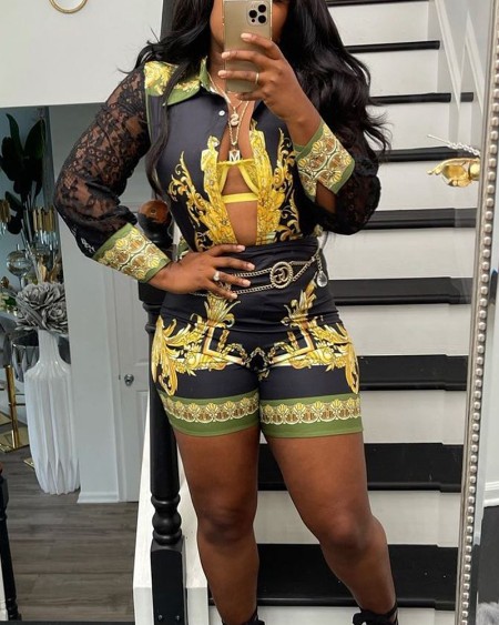 Scarf Print Contrast Lace Button Up Top & Shorts Set