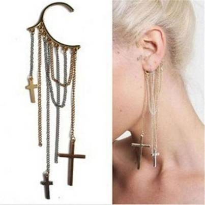 Fashion Unisex New Personality Punk Style Cross Tassel Design Ear Clip Earrings