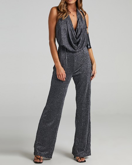 Glitter Cowl Neck Sleeveless O-Ring Wide Leg Jumpsuit