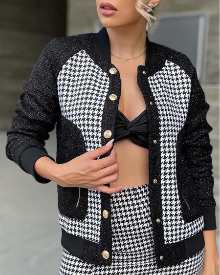Houndstooth Print Colorblock Button Design Coat