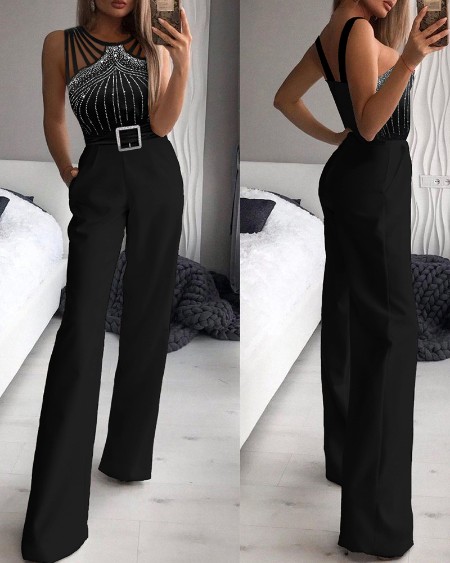 Multi Strap Sleeveless Jumpsuit Rhinestone Bootcut Overalls