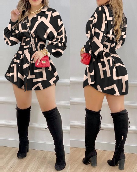 Letter Print Shirred Lantern Sleeve Buttoned Shirt Dress