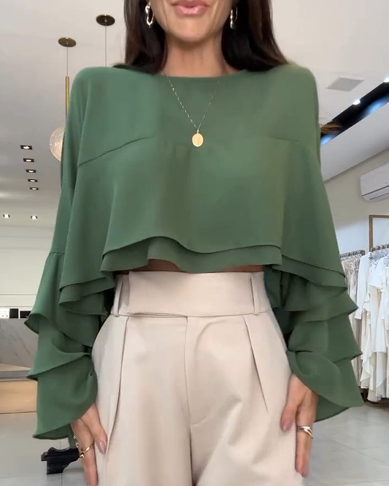 Round Neck Multi-Layer Ruffles Bell Sleeve Top Casual Hollow-out Back Layered Loose Fit Crop Top