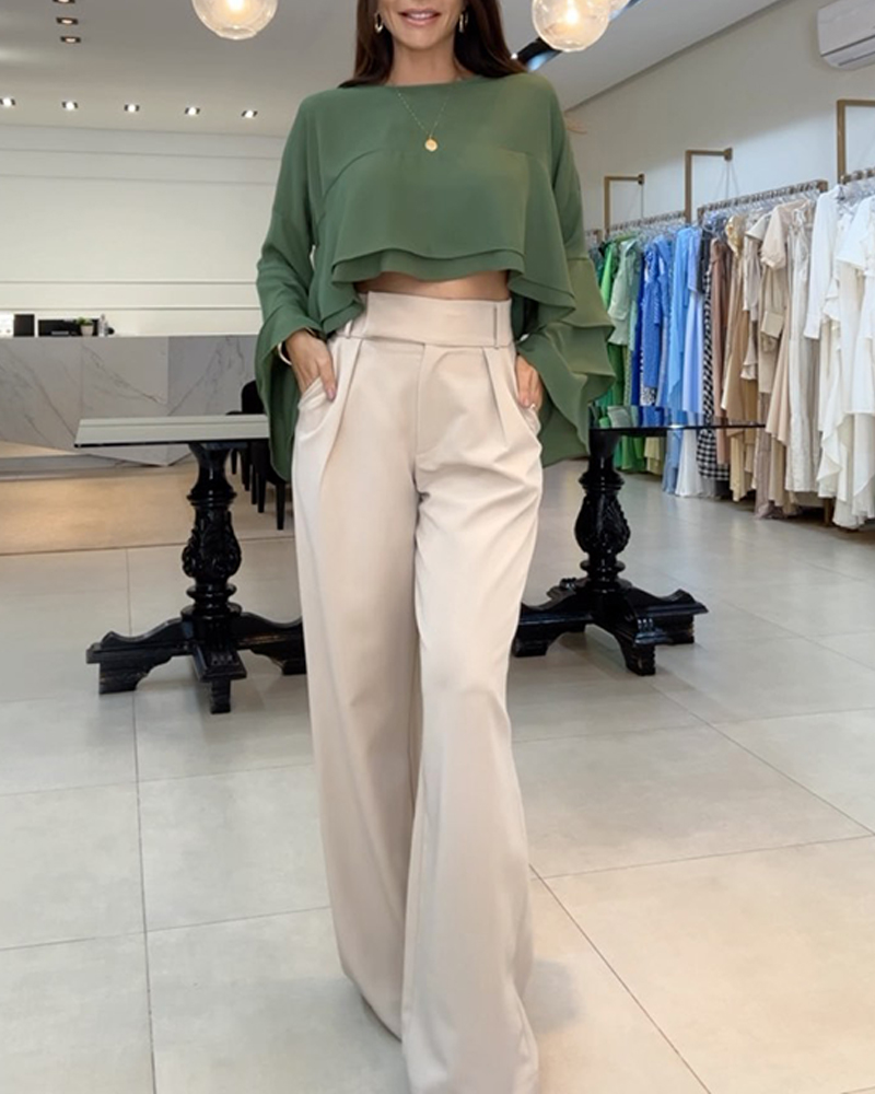 Round Neck Multi-Layer Ruffles Bell Sleeve Top Casual Hollow-out Back Layered Loose Fit Crop Top