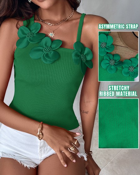 1PC Floral Pattern Beaded Decor Knit Tank Top Sleeveless Shirt