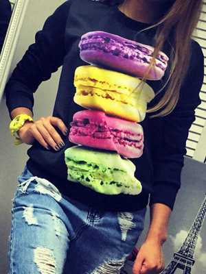 Sexy Round Neck Macaron Print Long Sleeve Sweat Cute Sweatshirts Top Pullovers Outwear
