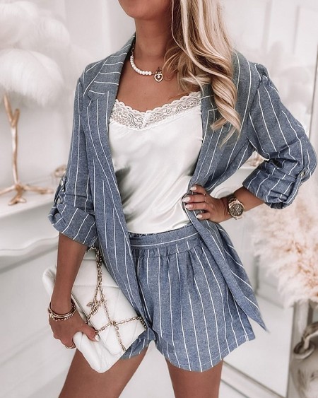 Striped Notched Collar Blazer & Shorts Set