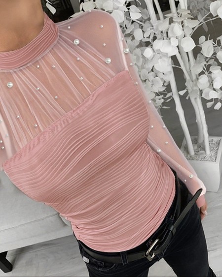 Pearls Decor Mock Neck Sheer Mesh Spliced Ruched Tee Hollow-out Back Slim Fit Textured Top