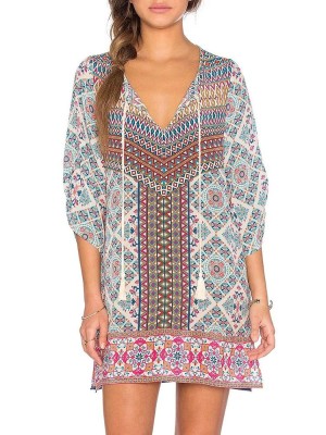 Women's Vintage Paisley Printing Dress Half Sleeve Sexy Mini Dress Casual Dresses