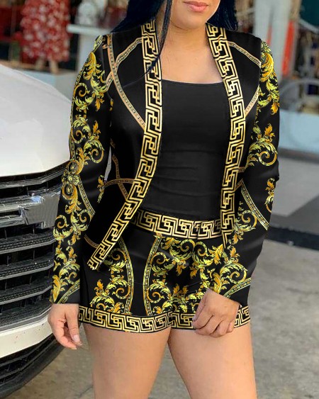All Over Print Open Front Coat & Shorts Sets