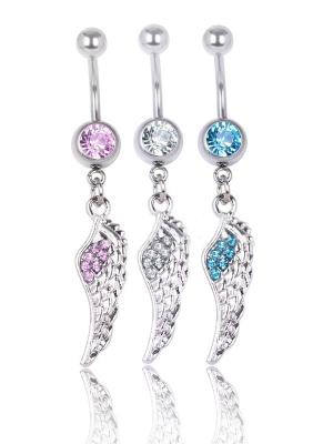 Surgical Steel Clear Crystals Jeweled Single Angel Wing Dangle Belly Button Ring Navel Ring Bar