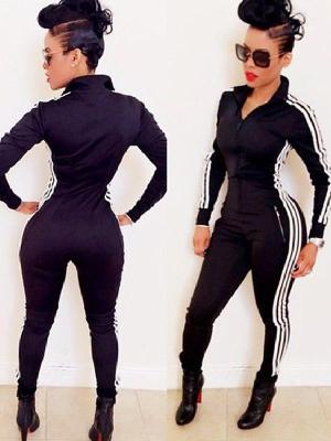 Women's New Fashion Sports Casual Side Striped Slim Long Sleeve Long Pant Jumpsuit