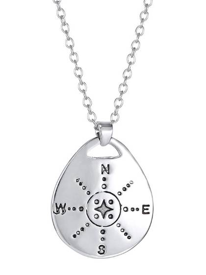 Unisex Fashion Compass Print Back Motto Drop Chain Pendant Necklace Jewelry Accessories Gifts